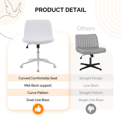 Criss Cross Legged Chair,Wide Comfy Office Desk Chair,Dual-Use with/no Wheels Computer Task Chair,Swivel Armless Vanity Boucle Chair for Study,Make Up,Home Office,Teddy Fleece,White