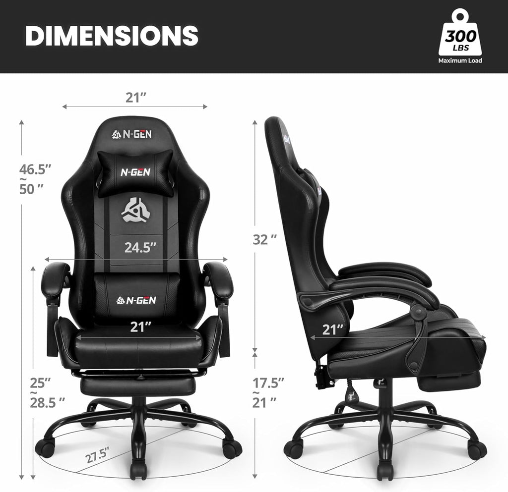 Video Gaming Chair with Footrest Lumbar Support for Home Office High Back Recliner Height Adjustable Ergonomic Comfy Leather Computer Desk Chair (Carbon Black)