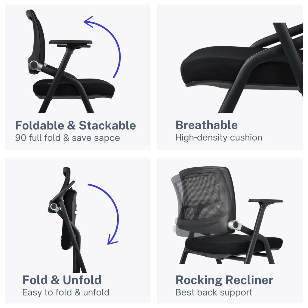 2 Pack Foldable Office Chairs with Wheels, Mesh Back, Arms and Portable - Folding Office Chairs for Conference Room Chair, Office Guest & Reception & Meeting Chair - (Black) 300 lbs.