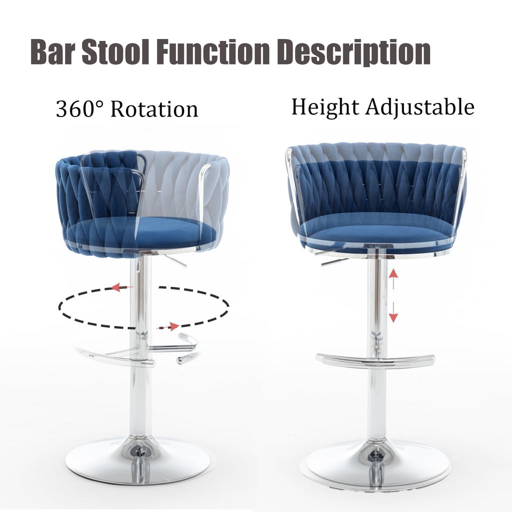 Velvet Bar Stools Set of 3, Swivel Counter Height Bar Stools with Back, Adjustable Woven Barstools for Kitchen Island, Pub, Club (Blue)