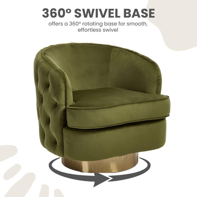 360 Degree Swivel Barrel Accent Chair, Modern Tufted Velvet Upholstered Round Arm Chair with Tall Backrest, Side Reading Seat Single Sofa for Living Room, Green