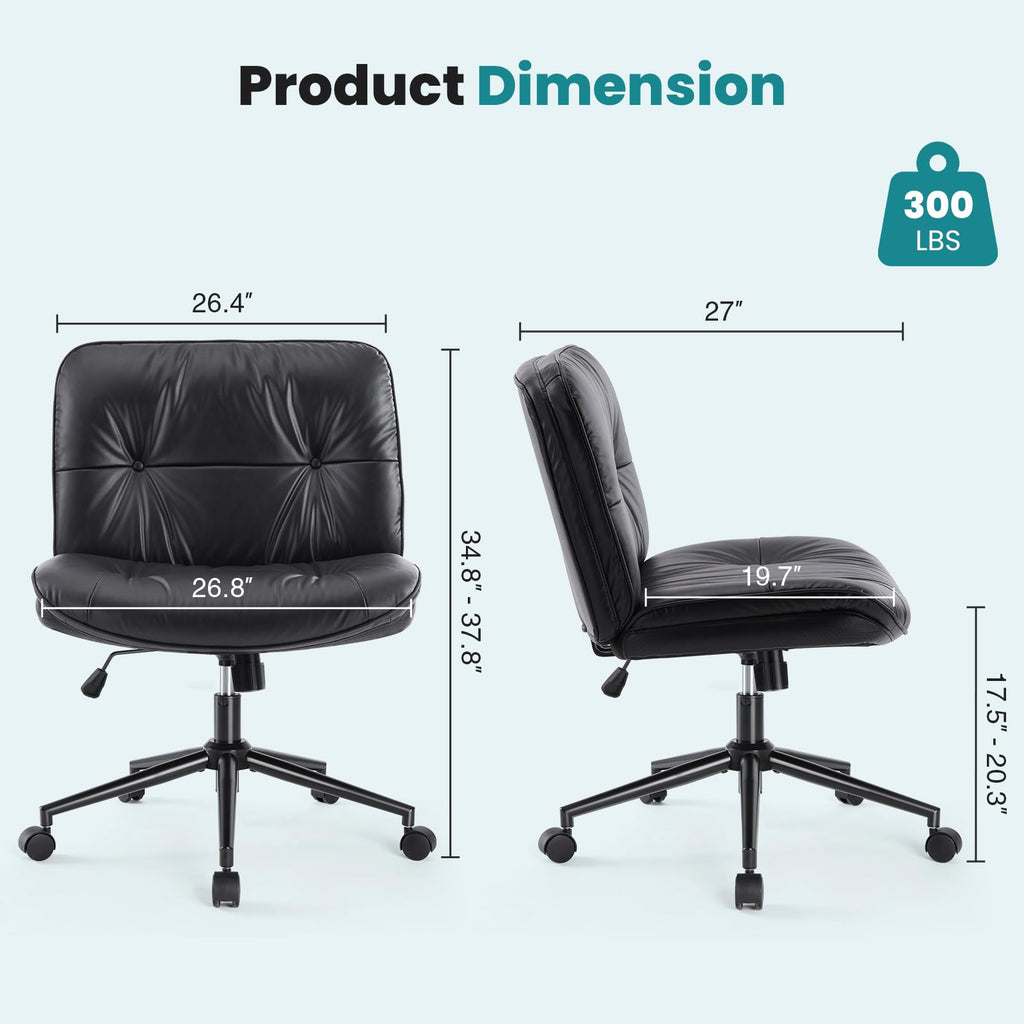 Criss Cross Chair with Wheels Armless Wide Cross Legged Vanity Office Desk Chair with Comfy PU Leather& Back - Swivel for Home Office Bedroom, Black
