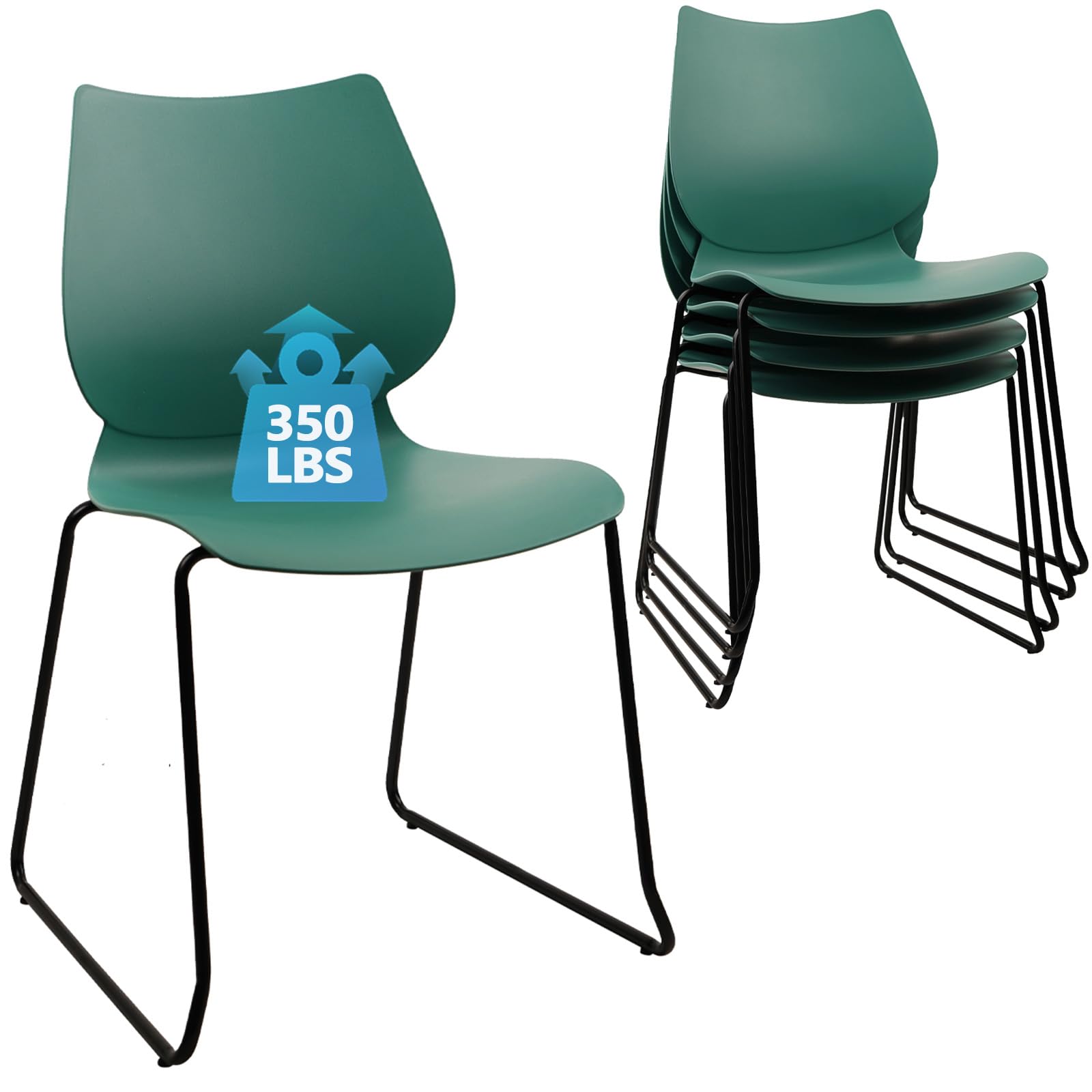 Set of 4, Green, Stackable Waiting Room Chair, Stacking Office Chair with Ergonomic Lumbar Support and Metal Legs, Plastic Desk Chairs for Conference School Church Guest Reception