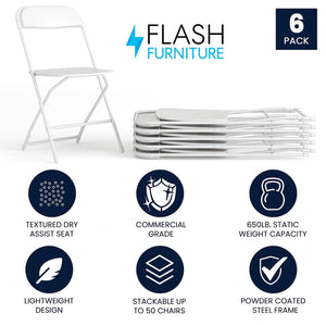 Set of 6, White, Hercules Series Plastic Folding Chairs for Parties and Weddings, Stackable Commercial Event Seats with 650-lb. Static Weight Capacity,