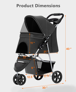 Pet Stroller with 3 Wheels for Small/Medium Pets, Portable Travel Foldable Carrier Jogger for Dog Cat Puppy Kitty, Rear Wheel Breaks, Storage Basket, Visible Mesh with Weather Cover (Black)