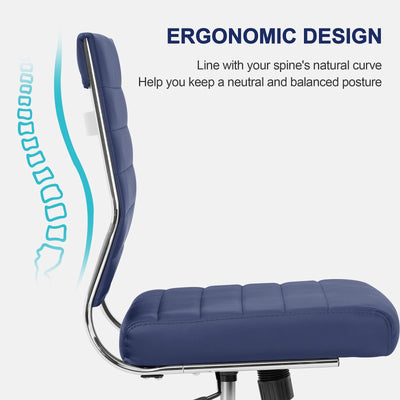Armless Office Desk Chair, Mid Back Ergonomic Swivel Conference Room Chair, Adjustable Height PU Leather Home Desk Chair, Modern Small Rolling Computer Task Chair, Navy Blue