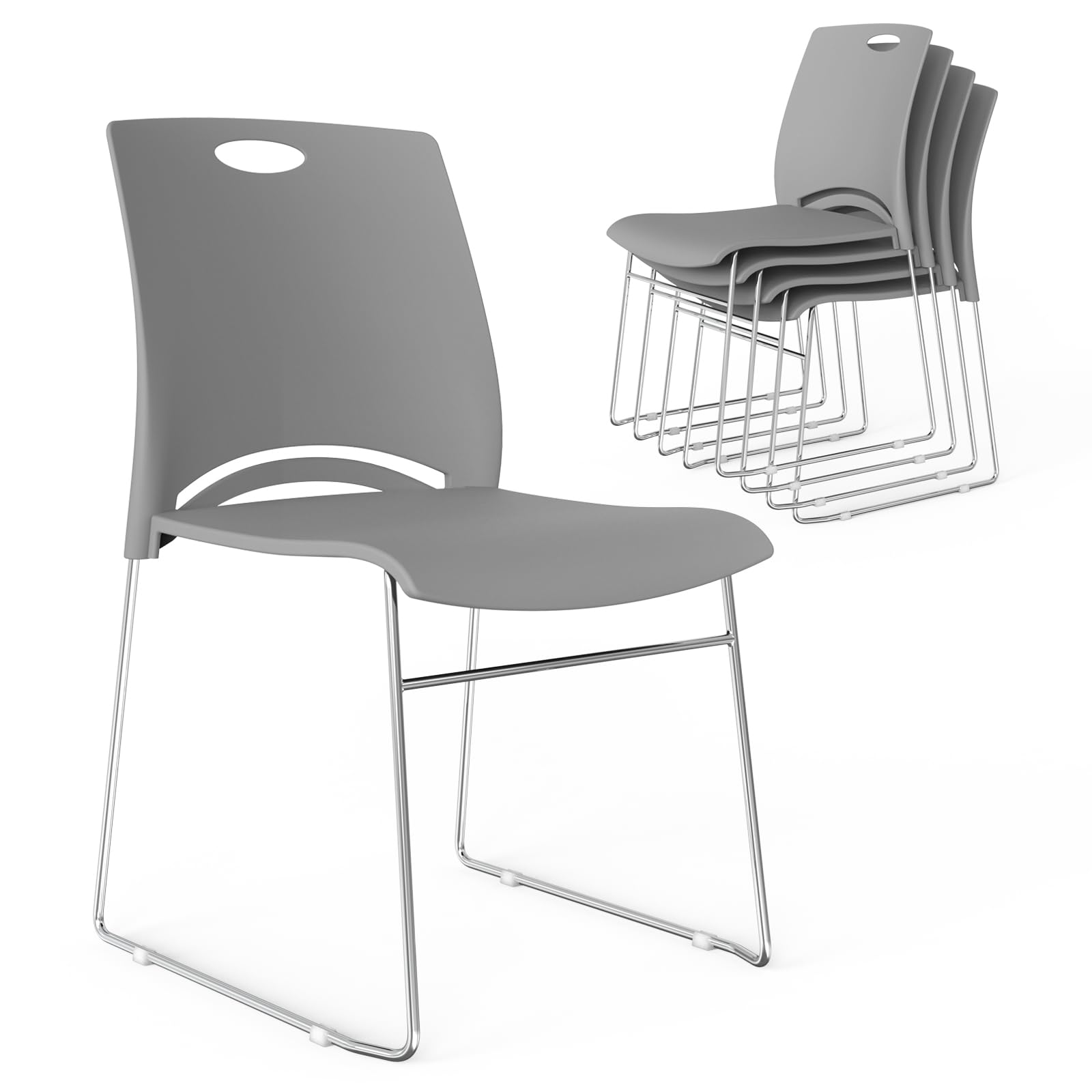 Stacking Chairs Set of 5 Stackable Office Chairs with Metal Sled Base, Ergonomic Plastic Seat, Stacking Chairs for Waiting Room Break Room Banquet Guest, Grey