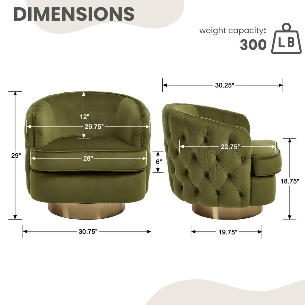 360 Degree Swivel Barrel Accent Chair, Modern Tufted Velvet Upholstered Round Arm Chair with Tall Backrest, Side Reading Seat Single Sofa for Living Room, Green