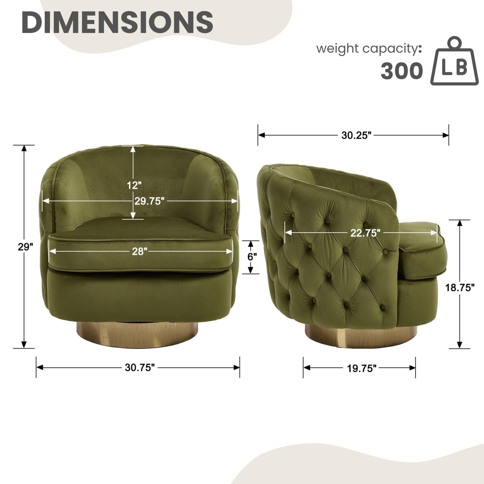 360 Degree Swivel Barrel Accent Chair, Modern Tufted Velvet Upholstered Round Arm Chair with Tall Backrest, Side Reading Seat Single Sofa for Living Room, Green