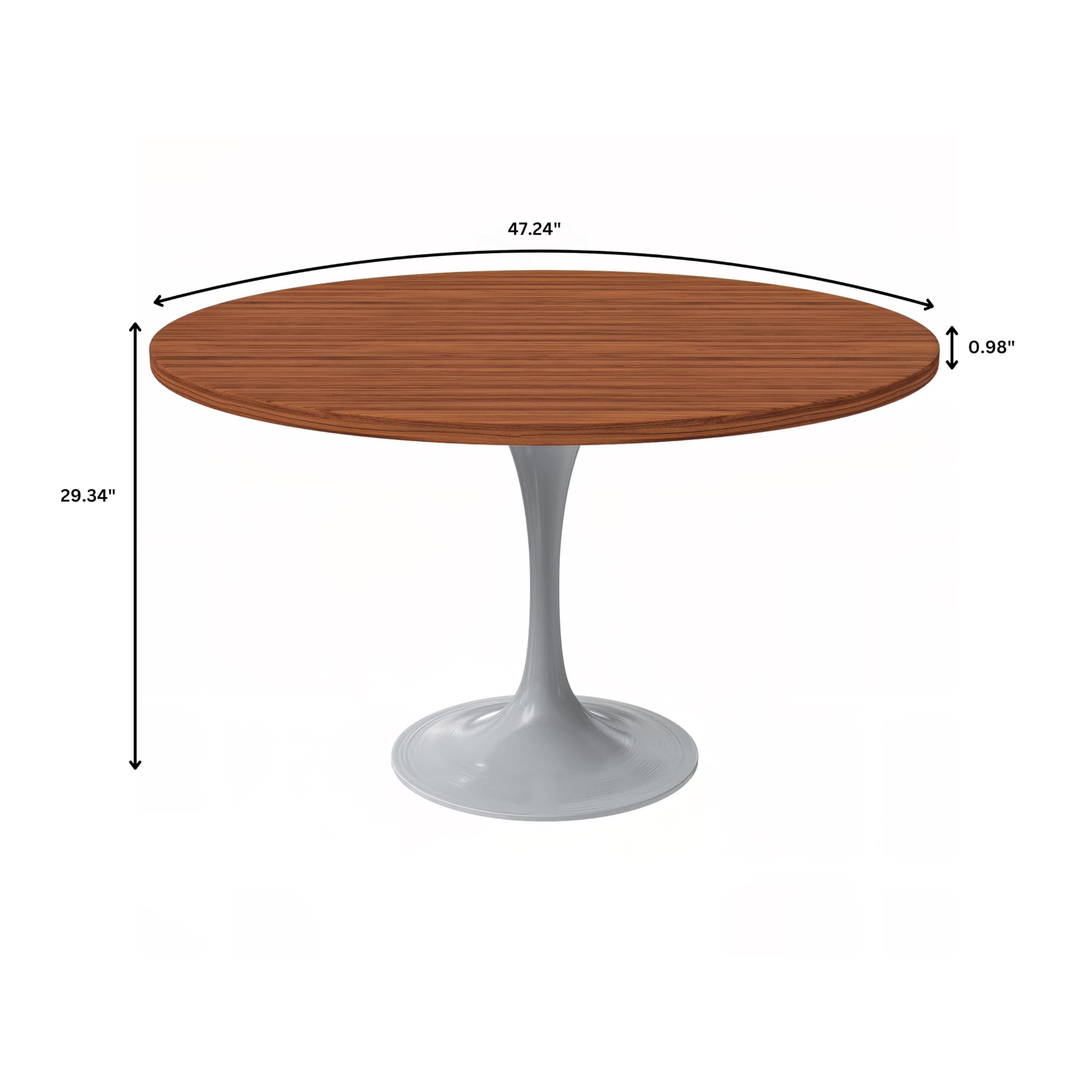 Mid-Century Modern 48 Inch Round Dining Table, MDF Wood Tabletop with White Steel Pedestal Base, Large Pedestal Kitchen & Dining Room Table, Breakfast Nook Table (Cognac Brown)
