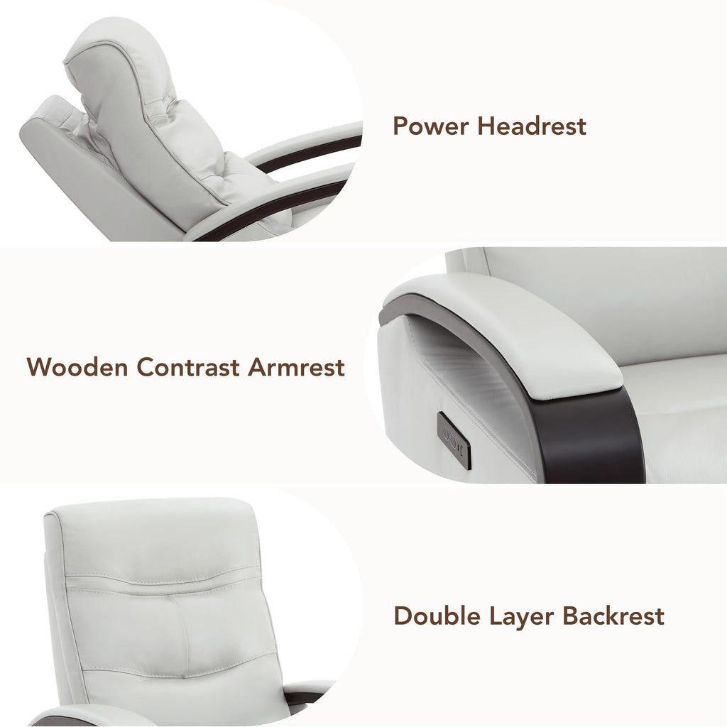 Genuine Leather Power Swivel Glider Rocker Recliner, FSC Certified Mid Century Modern Recliner Chair for Adults, Adjustable Power Headrest, for Nursery and Living Room, Creamy Grey