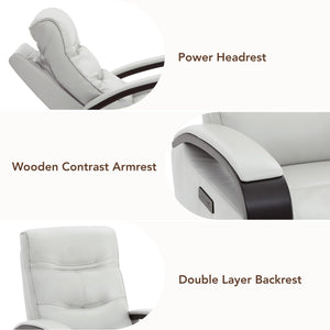 Genuine Leather Power Swivel Glider Rocker Recliner, FSC Certified Mid Century Modern Recliner Chair for Adults, Adjustable Power Headrest, for Nursery and Living Room, Creamy Grey