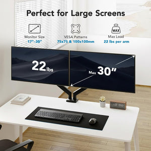 Dual Monitor Mount for 2 Monitors up to 30 inches, Each Arm Holds Max 22lbs, Dual Monitor Stand with Advanced System, Height-Adjustable/Tilt/Swivel/Rotate, VESA Standard 75mm or 100mm