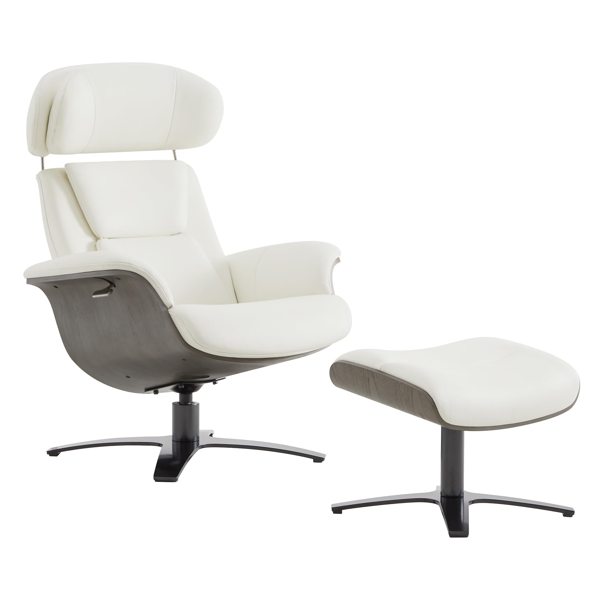 Genuine Leather Reclining Swivel Chair with Adjustable Headrest and Ottoman for Living Room, White