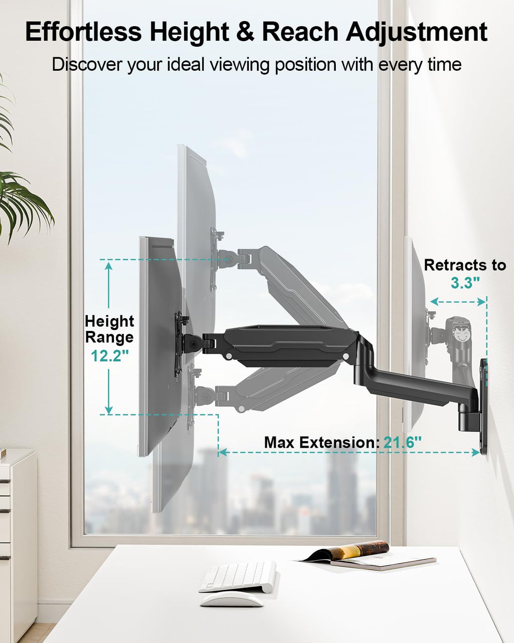 Single Monitor Wall Mount for 13 to 32 Inch Computer Screens, Height Adjustable Wall Mount Monitor Arm Holds Up to 19.8lbs, Full Motion Wall Bracket, VESA Mount 75x75, 100x100, Black