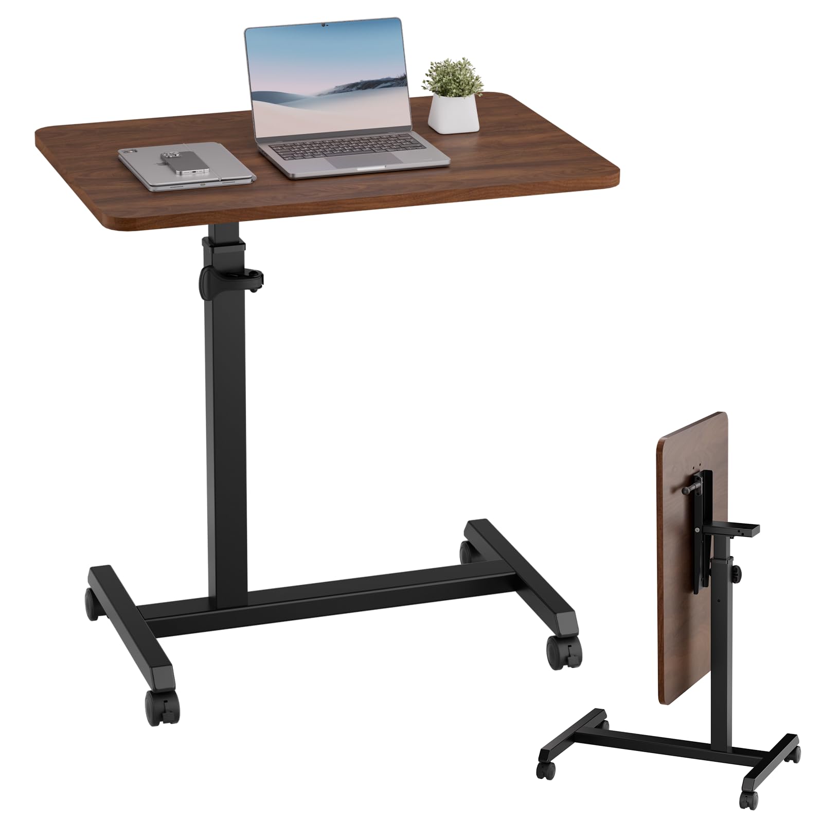 Small Standing Desk, 24 Inches Foldable Mobile Rolling Laptop PC Table with Lockable Casters, Adjustable Height Overbed Bedside Table Computer Workstation for Home Office, Walnut-Foldable