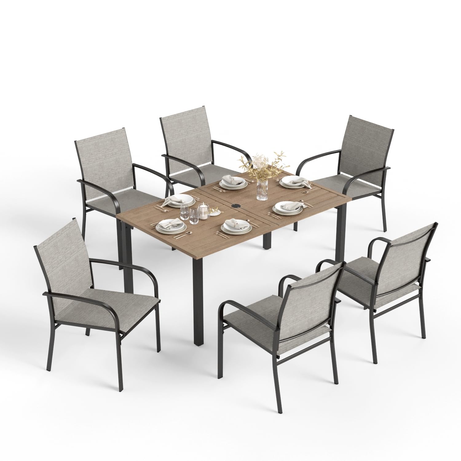 Patio Table and Chairs for 6, 7 Pieces Outdoor Deck Dining Sets, Wood-Like Rectangular Metal Table Set with Chairs for Lawn Garden Backyard, Brown