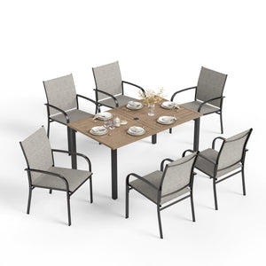 Patio Table and Chairs for 6, 7 Pieces Outdoor Deck Dining Sets, Wood-Like Rectangular Metal Table Set with Chairs for Lawn Garden Backyard, Brown
