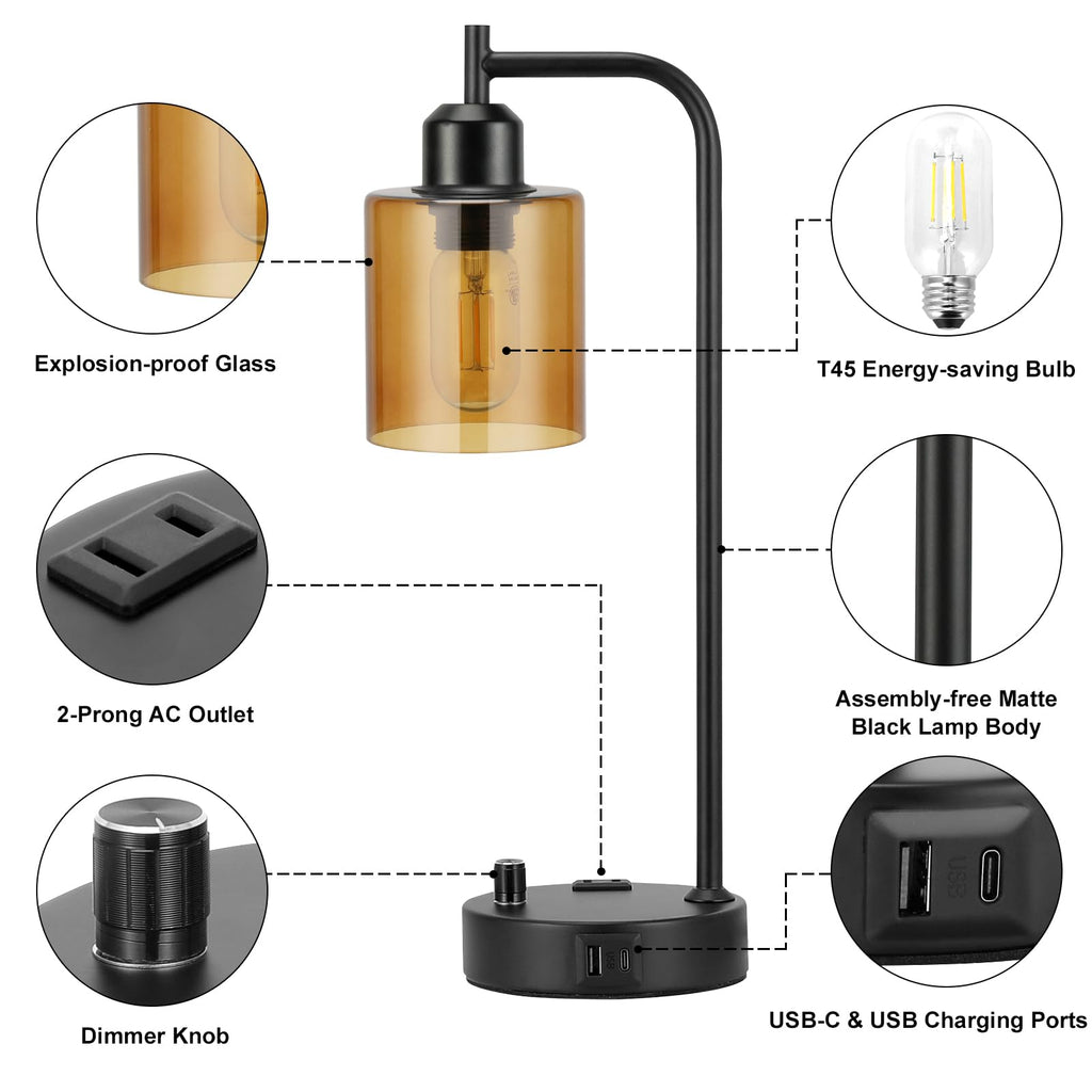 Industrial Bedside Lamps for Nightstand Set of 2 - Fully Dimmable Bedroom Lamps with USB A C Ports and Outlet, Black Table Lamps with Amber Glass Shade for Living Room, Desk Lamps for Office Reading