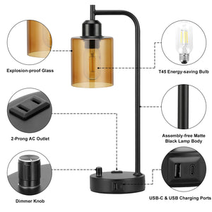 Industrial Bedside Lamps for Nightstand Set of 2 - Fully Dimmable Bedroom Lamps with USB A C Ports and Outlet, Black Table Lamps with Amber Glass Shade for Living Room, Desk Lamps for Office Reading