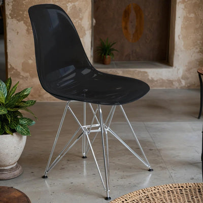 Dining, Modern Chrome Eiffel Base and Curved Back Design, Ergonomic and Lightweight Accent Side Chair for Mid-Century Home, Kitchen, and Café (Transparent Black, Singles)
