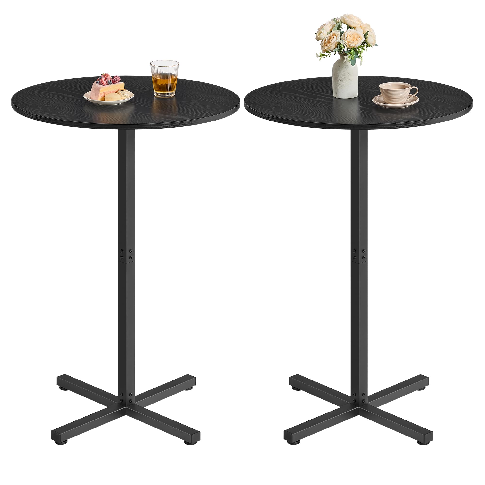 Round Cocktail Table, Set of 2, High Top Bar Pub Table with Metal Frame and Cross Base, for 2-3 People, Modern, Easy to Assemble, 23.6 x 41.1 Inches, Ebony Black