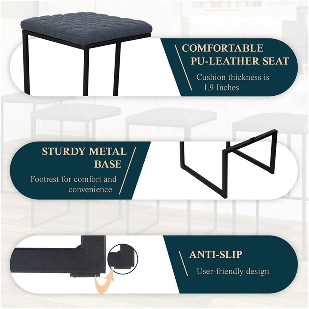 Counter Height Bar Stool, Modern Backless Bar Stool for Kitchen Island & Home Bar, Faux Leather Upholstered Seat with Metal Frame, Industrial Style Counter Stool, Blue