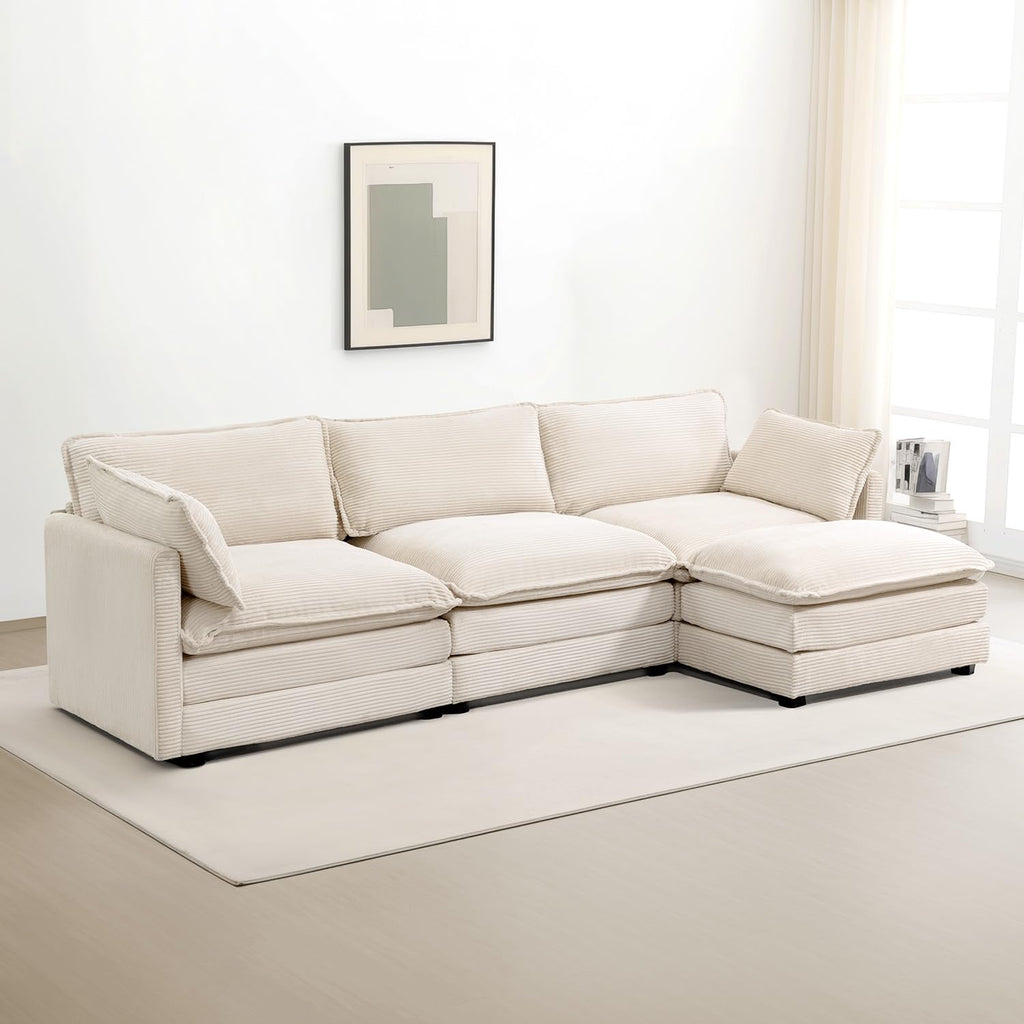Oversized Modular Sectional Sofa with Movable Ottoman, 112 Inch 4 Seat Modern Corduroy Sofa Set, Convertible L Shaped Couch for Living Room and Office, Beige