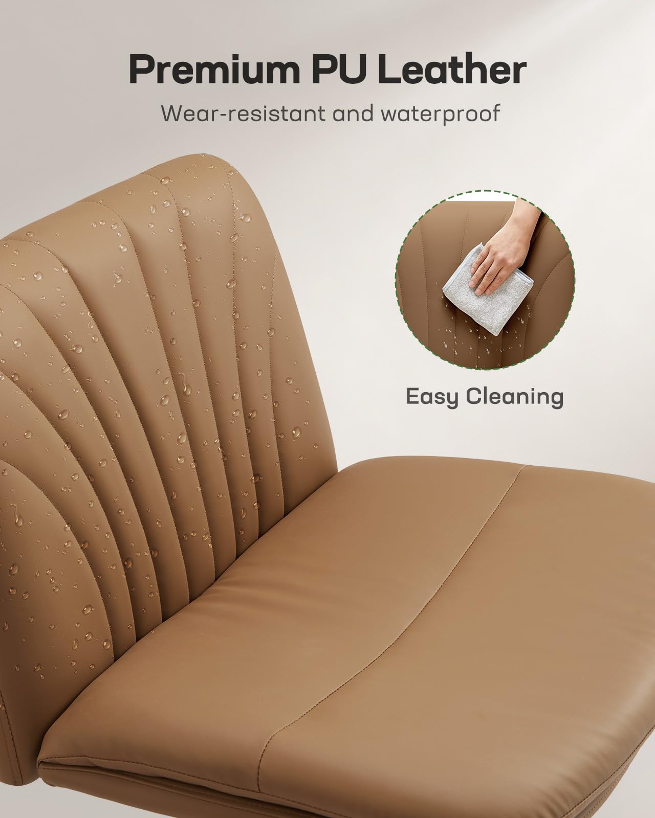 Armless-Office Desk Chair with Wheels: PU Leather Cross Legged Wide Chair,Comfortable Adjustable Swivel Computer Task Chairs for Home,Office,Make Up,Small Space,Bed Room, Brown