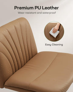 Armless-Office Desk Chair with Wheels: PU Leather Cross Legged Wide Chair,Comfortable Adjustable Swivel Computer Task Chairs for Home,Office,Make Up,Small Space,Bed Room, Brown