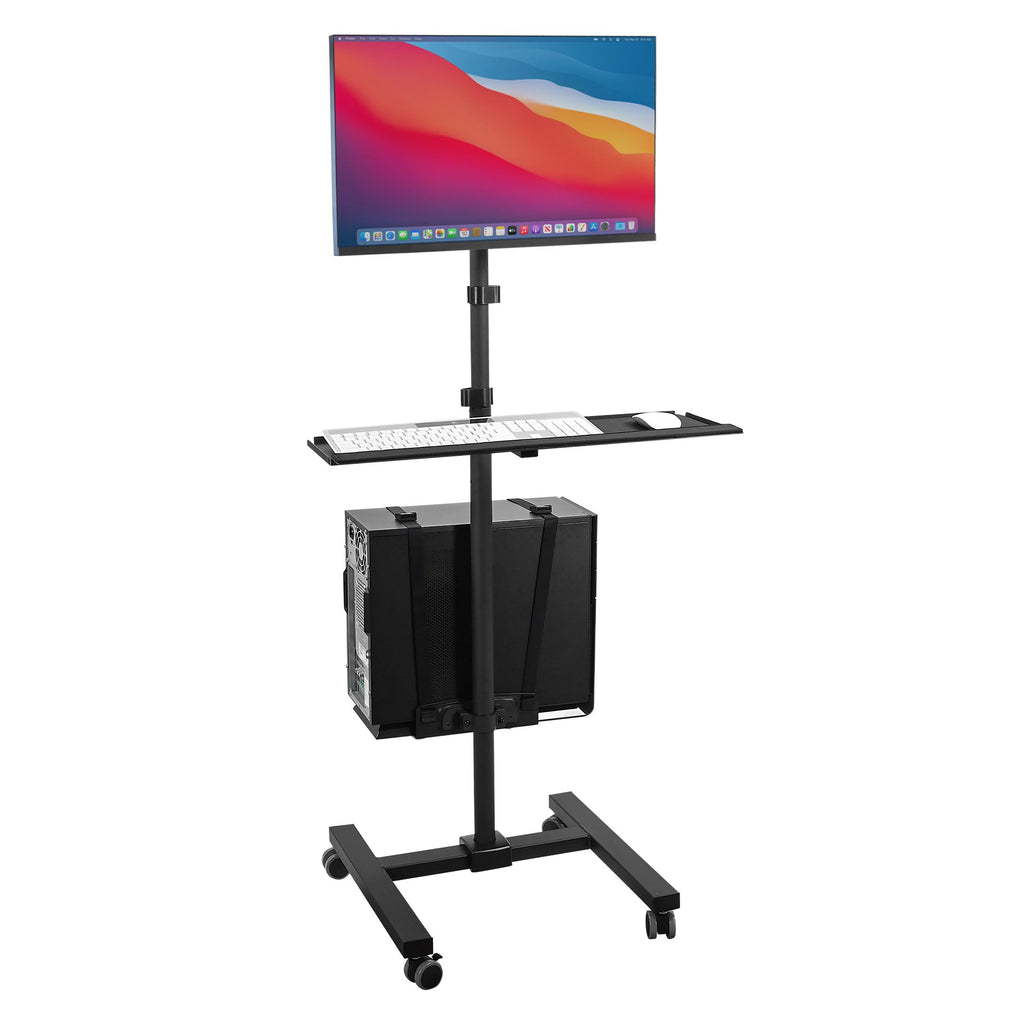 Rolling Computer Cart on Wheels, Mobile Desk Workstation with Monitor Mount for up to 32" Screen, Full Keyboard Tray, Floating Adjustable CPU Holder, Standing up to 70" Tall