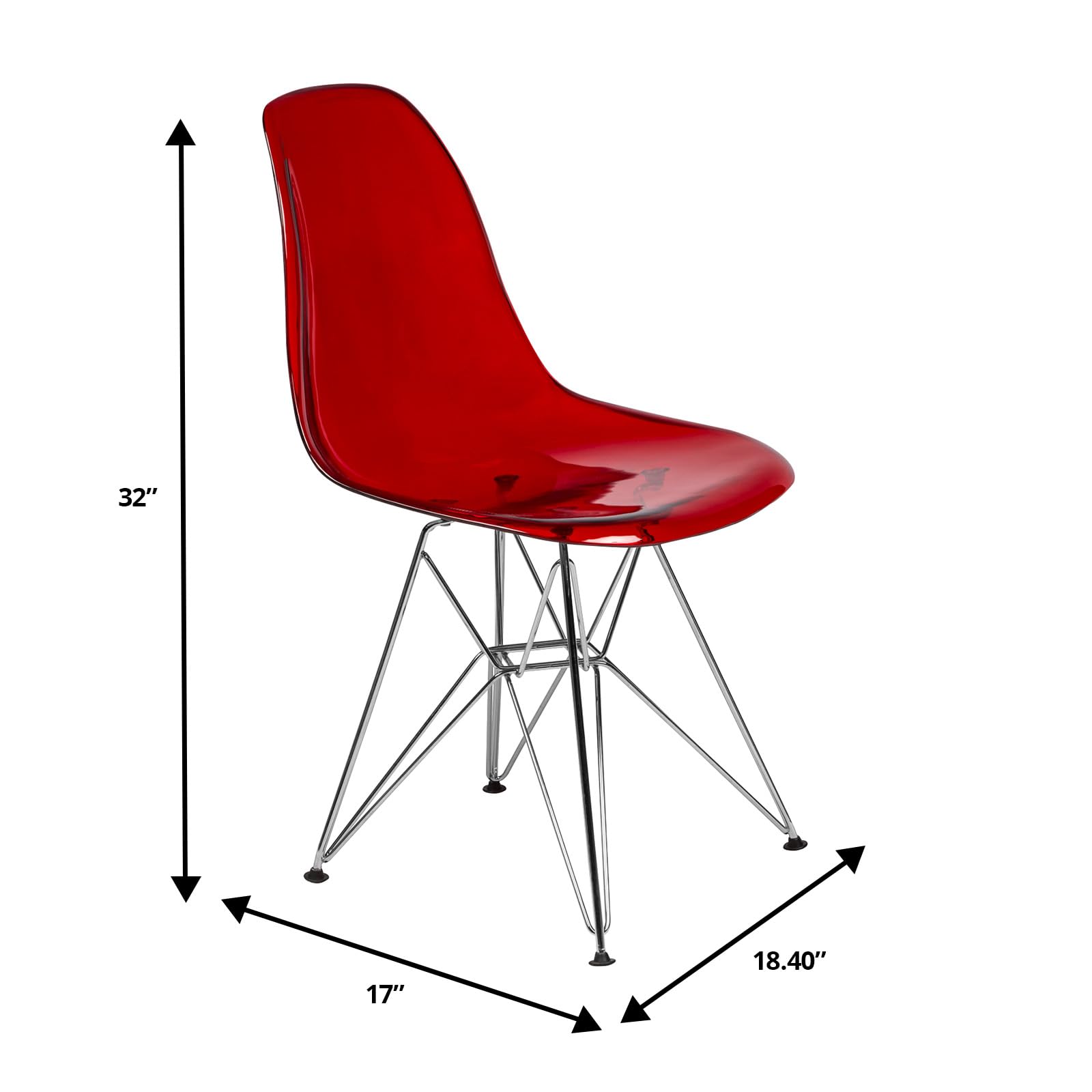 Dining, Modern Chrome Eiffel Base and Curved Back Design, Ergonomic and Lightweight Accent Side Chair for Mid-Century Home, Kitchen, and Café (Transparent Red, Singles)