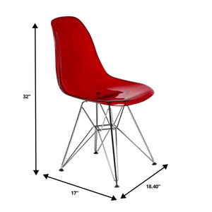 Dining, Modern Chrome Eiffel Base and Curved Back Design, Ergonomic and Lightweight Accent Side Chair for Mid-Century Home, Kitchen, and Café (Transparent Red, Singles)