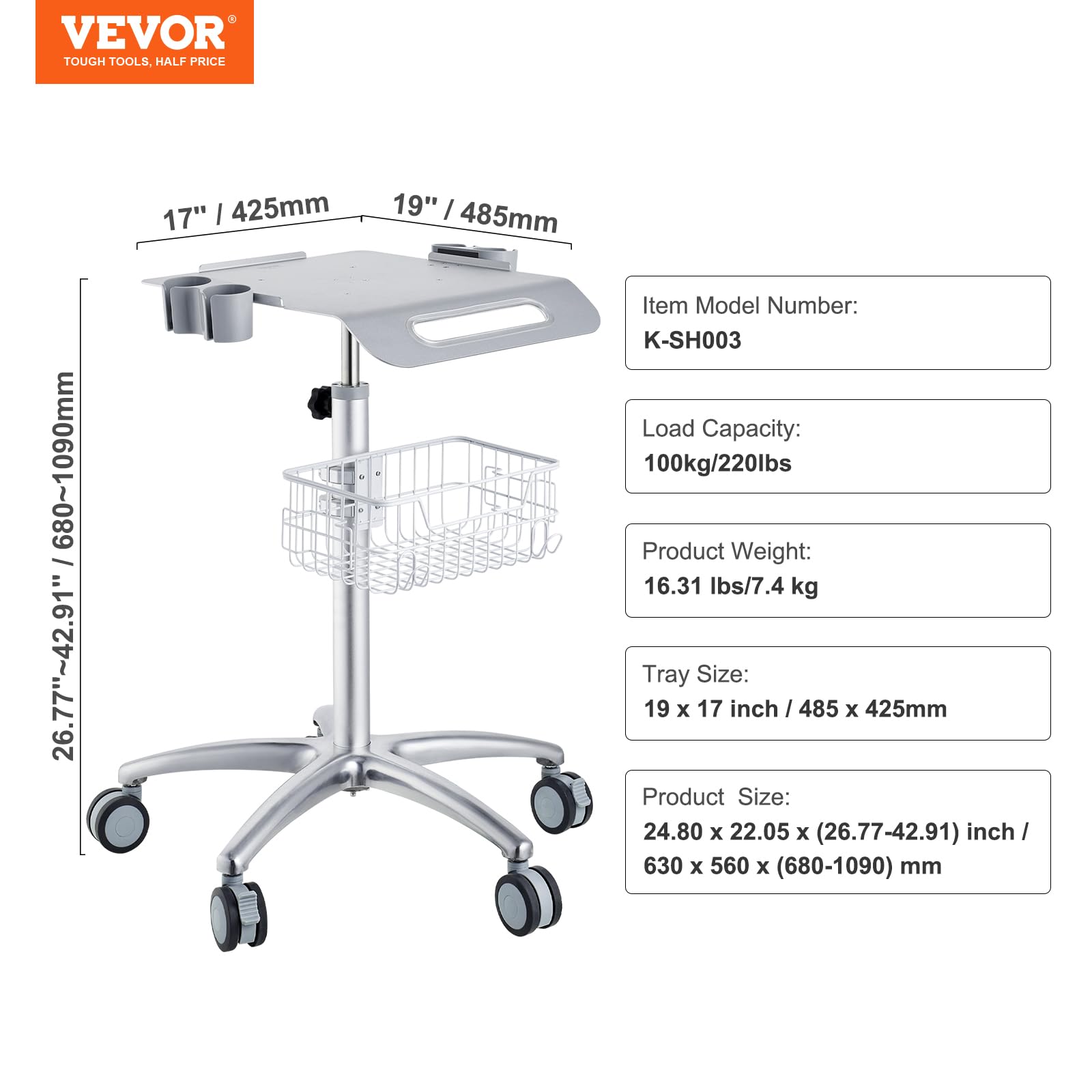 Mobile Trolley Dental Cart 29.5"-41.3" Height Adjustable Medical Cart with Wheels Rolling Cart Scanner Table with Large Tabletop?16.5"× 15.7"?