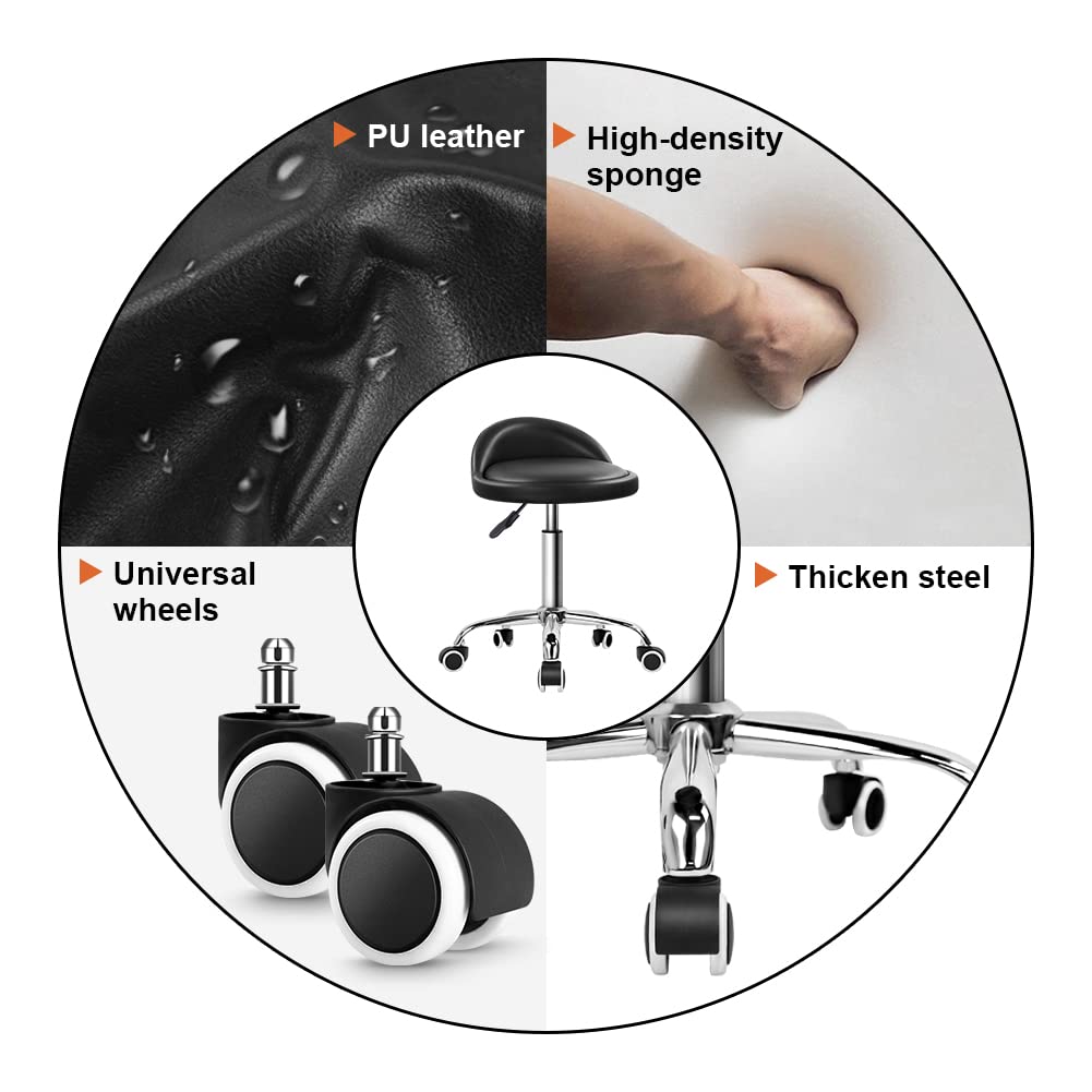 PU Leather Round Rolling Stool with Back Rest Height Adjustable Swivel Drafting Work SPA Task Chair with Wheels Black