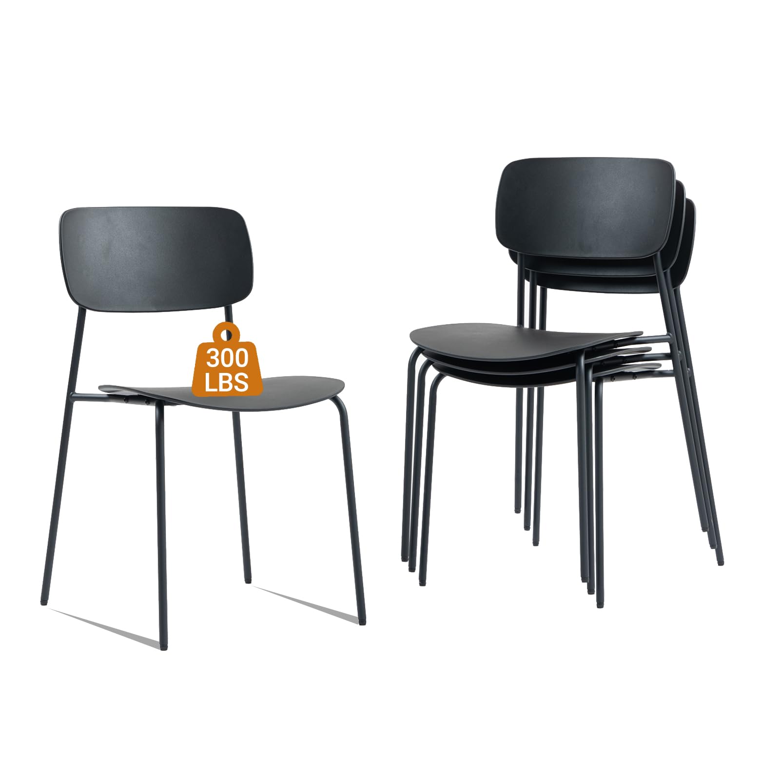 Stackable Chairs Set of 4, Waiting Room Chairs with Metal Legs and Ergonomic Plastic Seat, Stacking Office Chairs for Conference Reception Church Banquet, Black