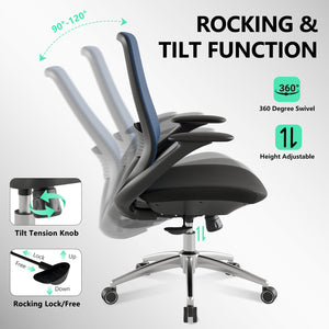 Ergonomic Office Chair, High Back Mesh Desk Chair with Lumbar Support, 360° Swivel & Slide-Adjustable Arms, Tilt Lock and Recline, Breathable Task Chair for Home Office & Gaming (Blue)