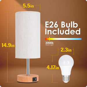 Bedside Lamp with USB A+C Port - Touch Control Table Lamp for Bedroom Wood 3 Way Dimmable Nightstand Lamp with Round Flaxen Fabric Shade for Home Office (LED Bulb Included)