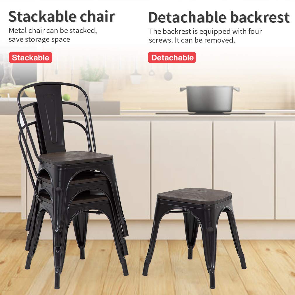Set of 4 | Metal Dining Chairs with Wooden Seat | Black | Stackable Tolix Side Chairs with Backrest | Scratch-Resistant | Non-Slip Feet | Indoor/Outdoor Use | 330 lbs | for Dining & Kitchen