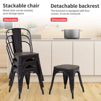 Set of 4 | Metal Dining Chairs with Wooden Seat | Black | Stackable Tolix Side Chairs with Backrest | Scratch-Resistant | Non-Slip Feet | Indoor/Outdoor Use | 330 lbs | for Dining & Kitchen