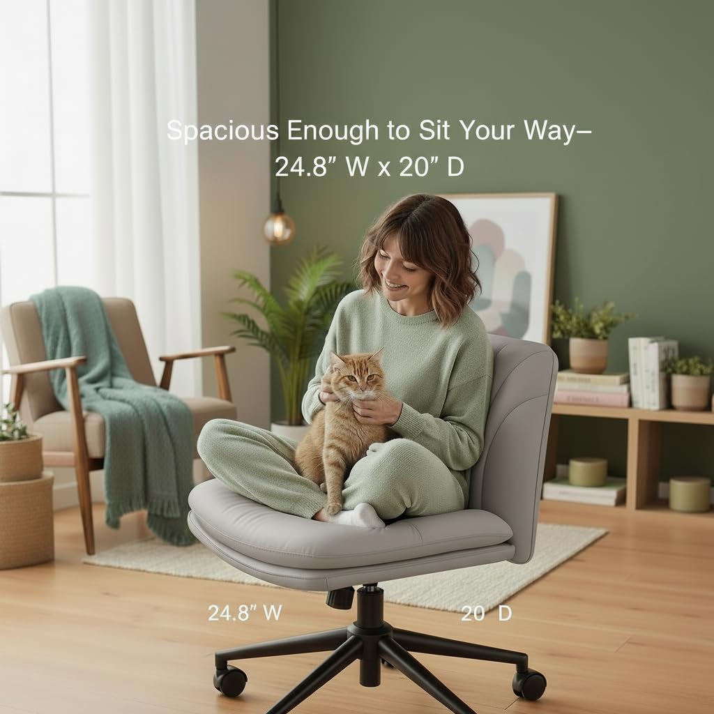 Criss Cross Office Chair with Wheels, Armless Wide Desk Chair for Active Sitting, PU Leather Cross Legged Chair for Home Office, Pet-Friendly & Easy Clean, Grey