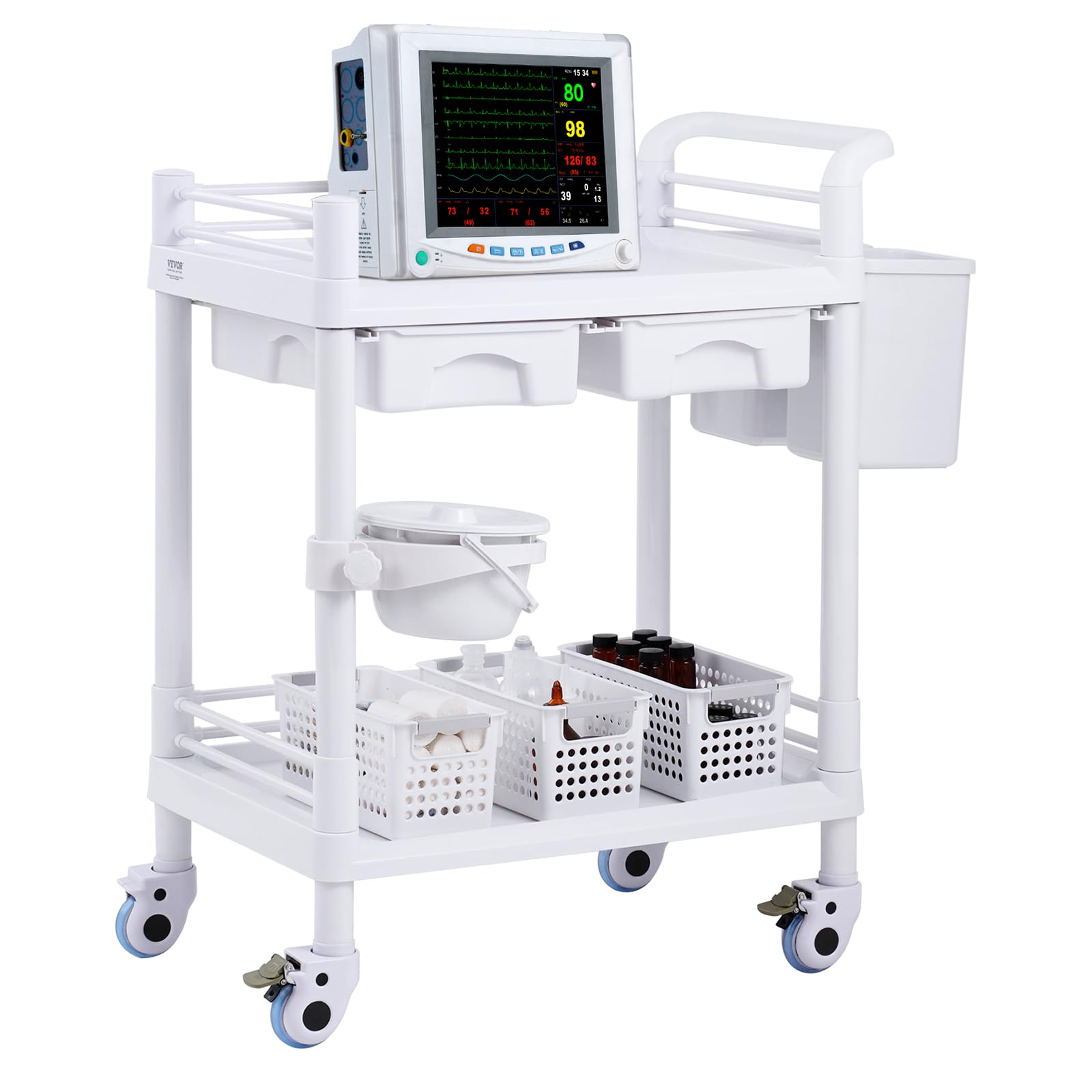 Medical Mobile Trolley Cart with 2 Drawers & 3 Trash Cans, 2 Tiers Beauty Salon Rolling Trolley with 4 Silent Wheels & 2 Dirts Bucket & Bowl, Medical Utility Cart for Hospital Dental Clinic Lab