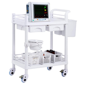 Medical Mobile Trolley Cart with 2 Drawers & 3 Trash Cans, 2 Tiers Beauty Salon Rolling Trolley with 4 Silent Wheels & 2 Dirts Bucket & Bowl, Medical Utility Cart for Hospital Dental Clinic Lab