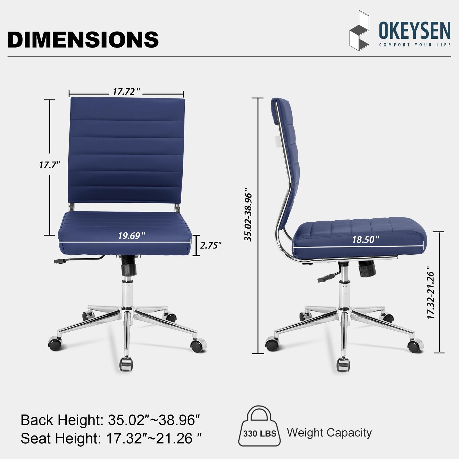 Armless Office Desk Chair, Mid Back Ergonomic Swivel Conference Room Chair, Adjustable Height PU Leather Home Desk Chair, Modern Small Rolling Computer Task Chair, Navy Blue