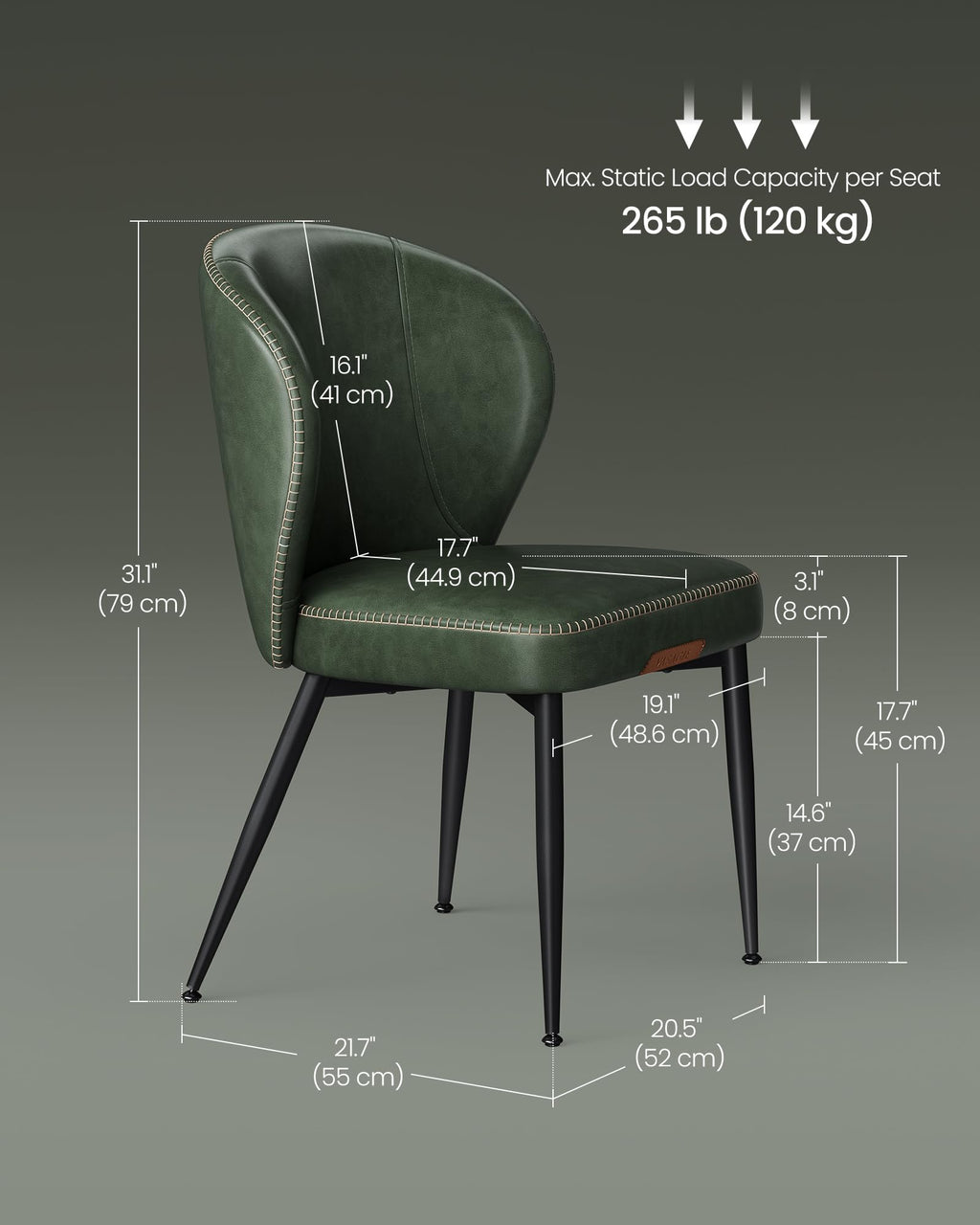 Dining Chairs Set of 2, Upholstered Kitchen Chairs, Comfortable Seat, Synthetic Leather with Stitching, Mid-Century Modern, Easy Assembly, Living Room Lounge, Forest Green