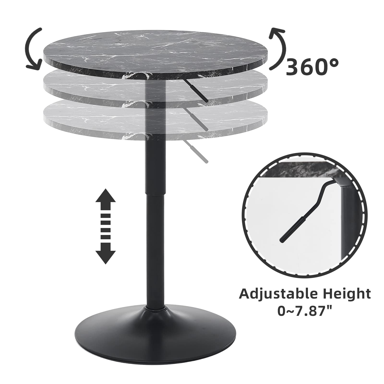 23.6" Round Bar Table, Adjustable Height Bar Table, MDF Top with Metal Pole Support and Base, Cocktail Tables, Bistro Pub Tables, Suitable for Cafe, Kitchen Island, Bar Counter, Black