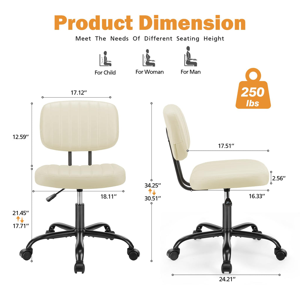 Small Office Desk Chair - Armless PU Leather with Comfy Lumbar Support, Height Adjustable Rolling Swivel Task for No Arms, for Adult, Student, Bedroom, Home, Vanity, Beige White