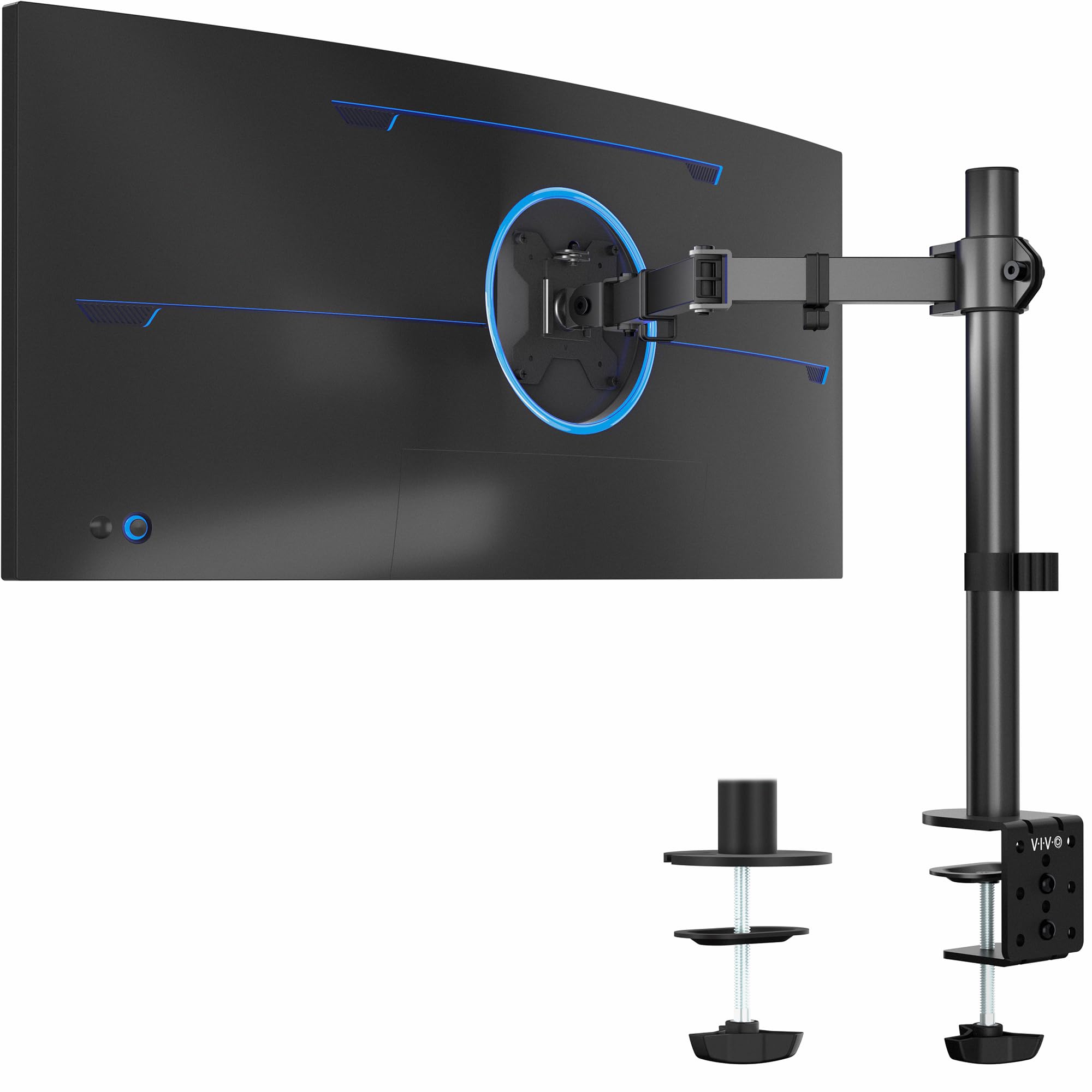 Single 13 to 38 inch Ultrawide Monitor Arm Desk Mount, Regular Screens up to 32 inches, 22 lbs capacity, Fully Adjustable Stand with C-Clamp and Grommet Base, Black, STAND-V001