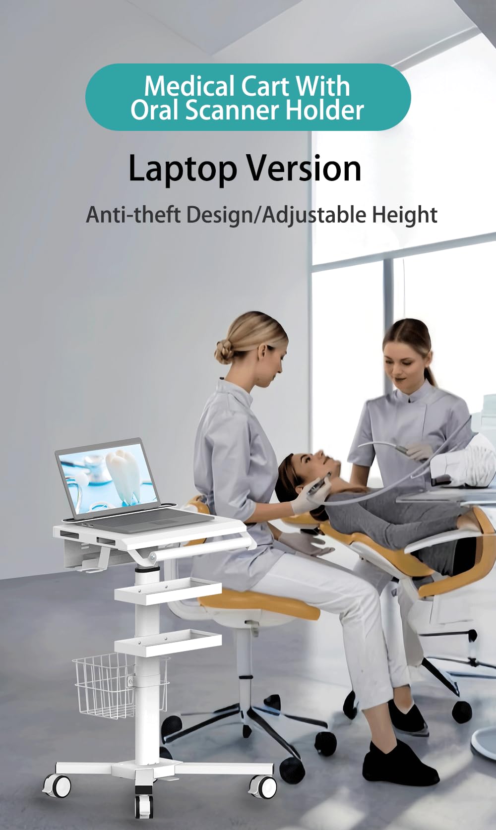 MB-C07 Height Adjustable, Anti-Theft, Anti-Slip Medical Laptop Workstation Trolley Cart With Wheels, Oral Scanner Holder, Basket Storage,