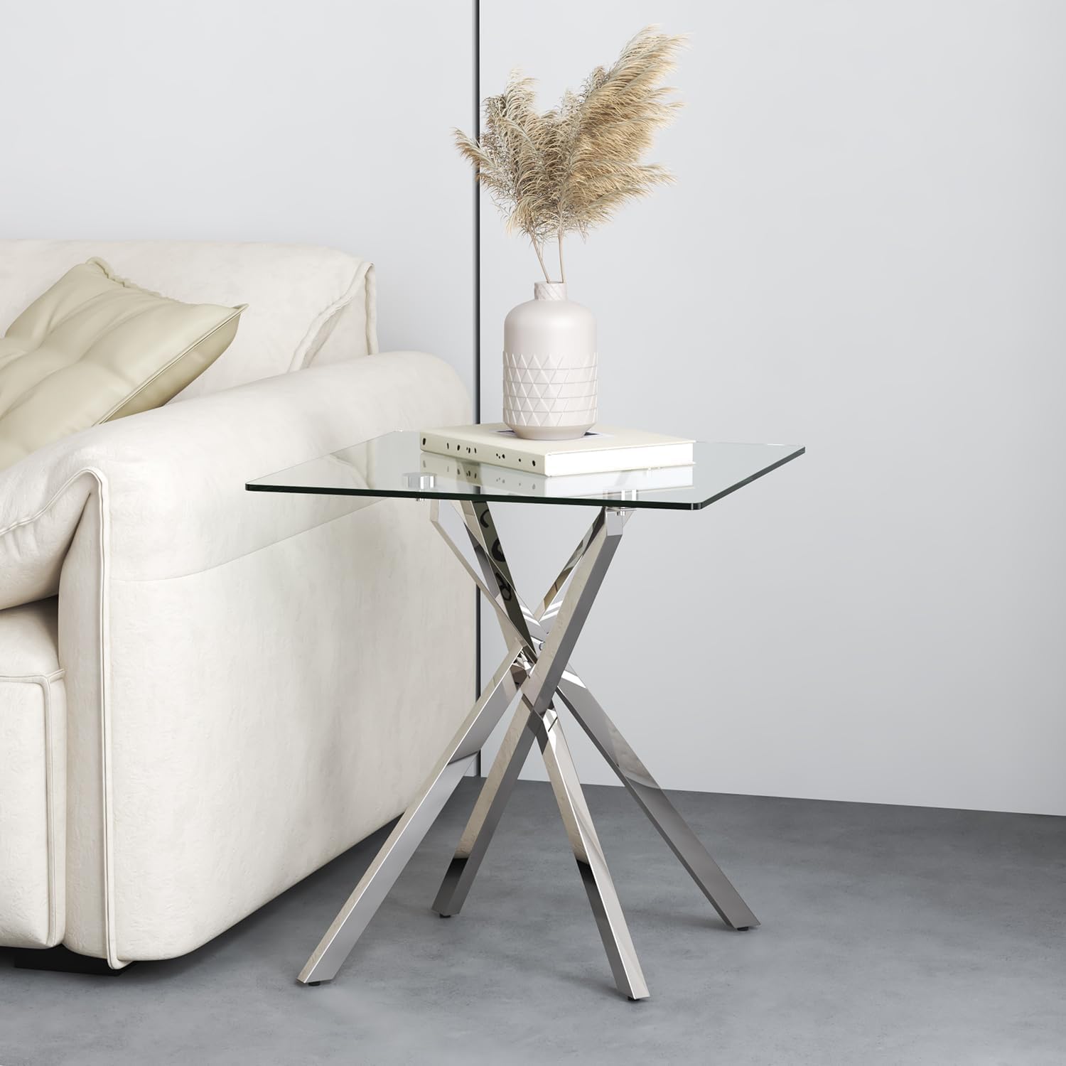 Small Side Coffee Table with Chromed Legs, Tempered Glass Square Modern End Table for Living Room Sofa Home Office (1, Silver, 20"×20"×22")